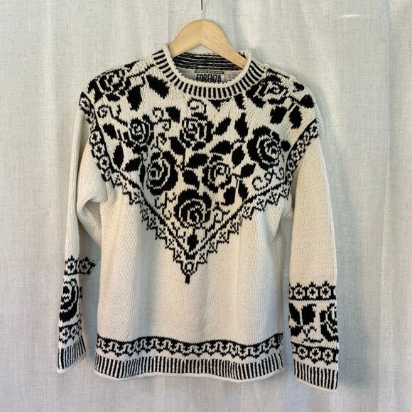 Vintage Forenza Ramie Cotton Sweater – Black & Cream Rose Knit | Size S - Picture 2 of 5
